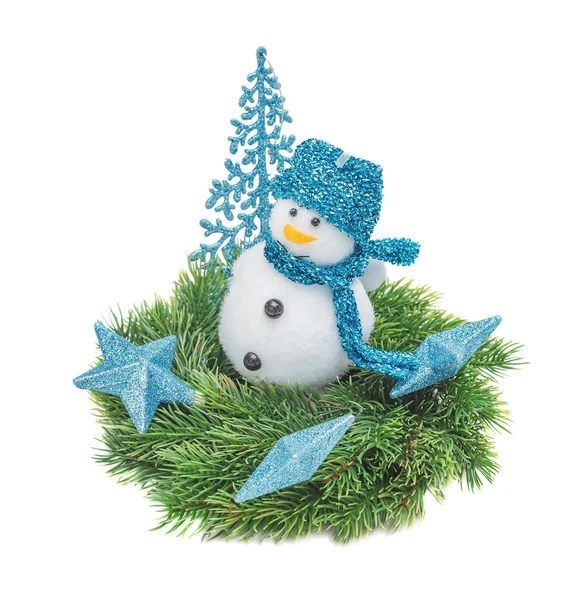 The Christmas branch fir-tree, snowman with blue scarf — Stock Photo, Image