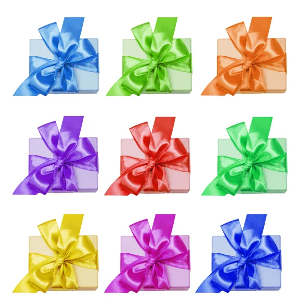 Set of gift boxs with red, lilac, green, orange, blue, yellow  ribbon and bow — Stock Photo, Image