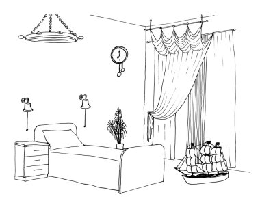 Çocuk, çocuk erkek odası bir iç grafik kroki