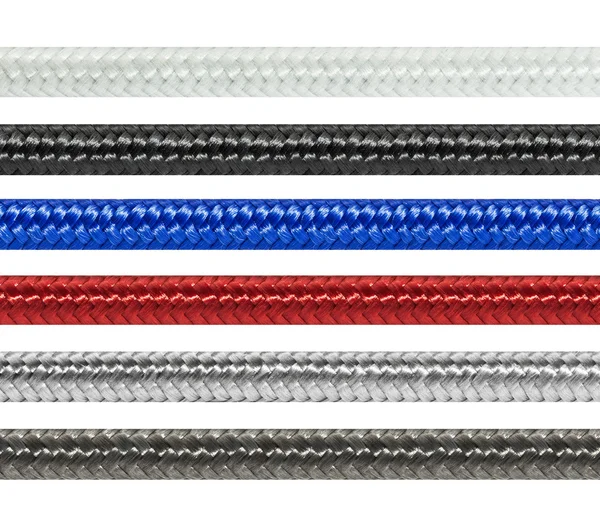 Set örgülü Tekstil kablolar (beyaz, siyah, mavi, kırmızı, gümüş, grafit) — Stok fotoğraf