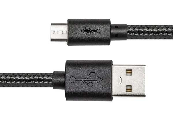 Czarnym pleciony przewód usb do kabla miniusb — Zdjęcie stockowe