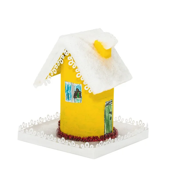 The paper yellow Christmas houses covered snow, — Stock Photo, Image