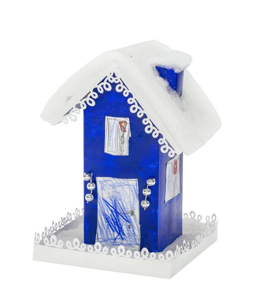 The paper blue Christmas houses covered snow, hand made with children — Stock Photo, Image