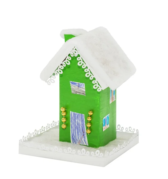 The paper green Christmas houses covered snow — Stock Photo, Image