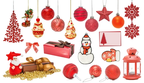 Set of red New Year baubles for Christmas fir-tree, pine, snowflake, sphere, boot, branch, hand bell, star, gingerbread, card, invitation, gift, lamp, mitten, snowman — Stock Photo, Image