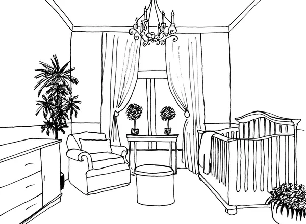 Newborn 's, kids room graphical sketch of an interior — стоковое фото