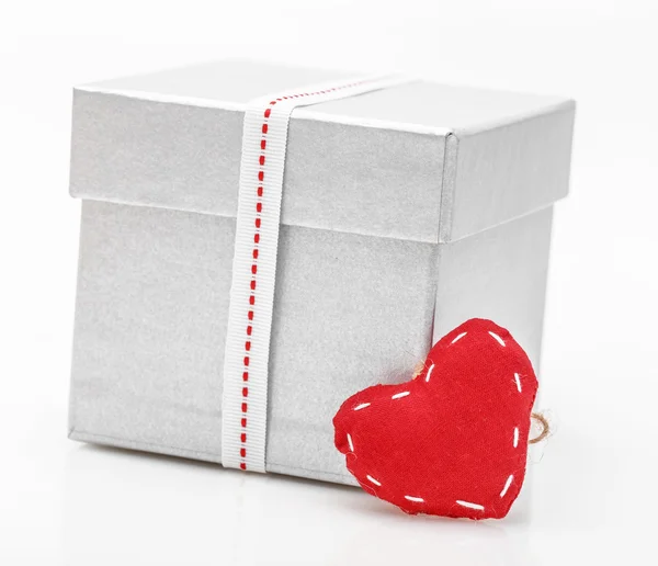 Gift Box Satin Ribbon Heart Valentine Day White — Stock Photo, Image