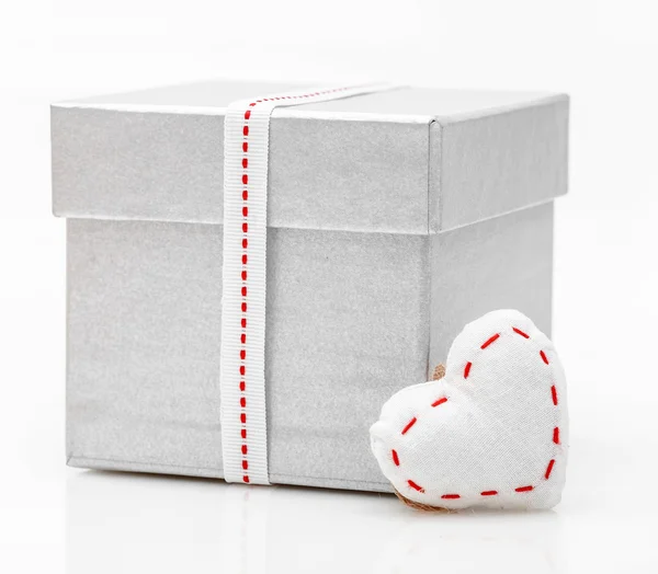 Gift Box Satin Ribbon Heart Valentine Day White — Stock Photo, Image