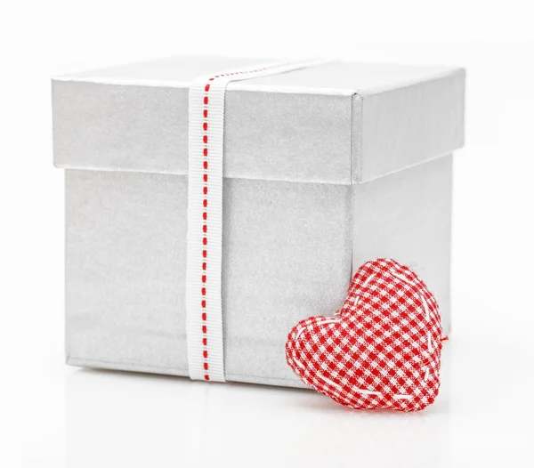 Gift Box Satin Ribbon Heart Valentine Day White — Stock Photo, Image