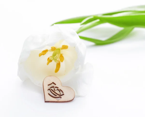 Frische Tulpenblüte Und Dekoratives Herz Aus Holz Valentines Oder Love — Stockfoto