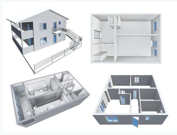 Sada Modelů Architektura Domu Byt Izolované Bílém — Stock fotografie