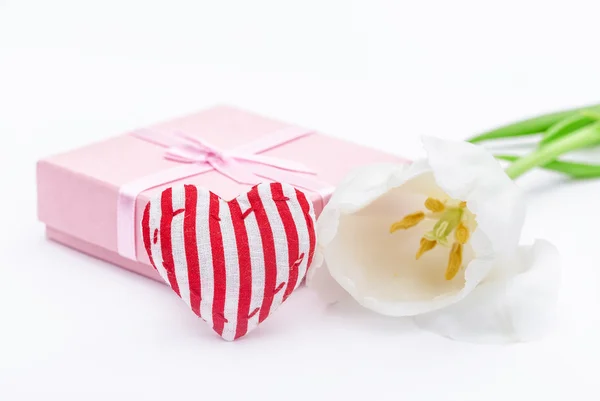 新鲜的郁金香花和红色条纹纺织品 织物心脏和礼物 圣瓦伦丁或爱情概念 在白色 — 图库照片