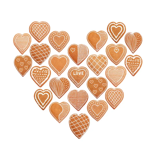 Set Van Harten Cookies Peperkoek Met Glaze Valentines Liefde Concept — Stockfoto