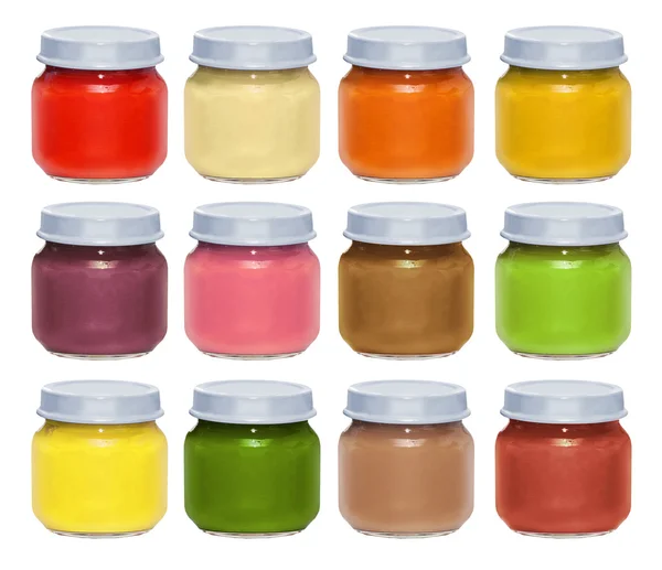 Set Lattine Multicolori Luminose Con Alimenti Bambini Con Copertine Grigie — Foto Stock