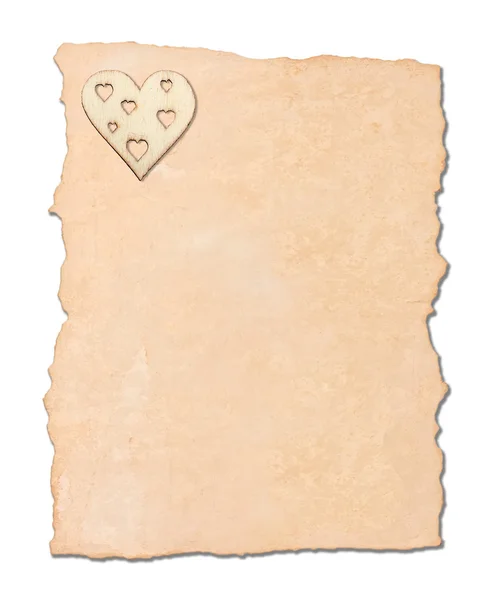 Graceful Wooden Heart Burned Pattern Old Paper Isolated White — Stock Photo, Image