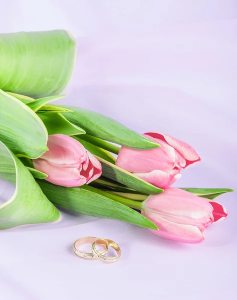 两个戒指和粉红色的背景上的郁金香 — 图库照片