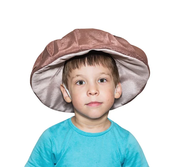 Five-year-old boy in mushroom costume, suit, golden maple leaves — Stock Photo, Image