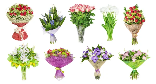 The set of bouquets of flowers, tulips, orchids,  lilies, roses, callas, hand bells — Stock Photo, Image