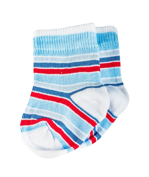 Çocukların Ince Çizgili Çorapları Beyaz Mavi Kırmızı Desenli Beyaz Bir — Stok fotoğraf