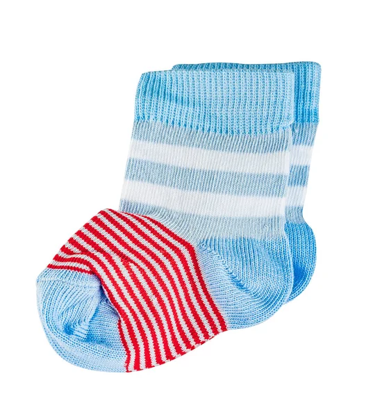 Petites Chaussettes Rayées Pour Enfants Blanches Bleues Rouges Isolé Sur — Photo