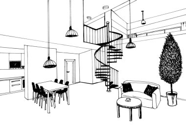 grafik taslak bir merdiven evi, liner içinde mutfak