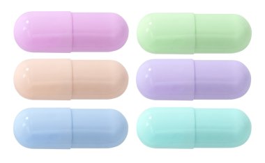 Pembe, Lila, mavi, yeşil tıbbi ilaç tablet üzerinde beyaz izole kümesi