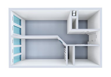 3D rendering. Model of the one-room apartment. The empty apartment without furniture, bathroom equipment and finishing. clipart