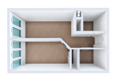 3D rendering. Model of the one-room apartment. The empty apartment without furniture, bathroom equipment and finishing. clipart