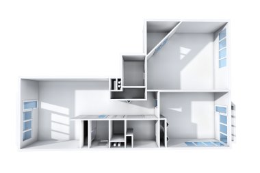 3D rendering. Model of the three-room apartment. The empty apartment without furniture, bathroom equipment and finishing.  clipart