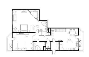 draft plan of the three-room apartment, 120m with furniture clipart