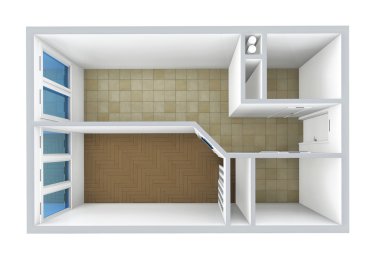 3D rendering. Model of the one-room apartment, tile and parquet. The empty apartment without furniture, bathroom equipment and finishing.  clipart
