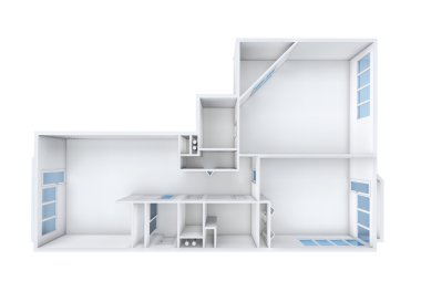 3D rendering. Model of the three-room apartment. The empty apartment without furniture, bathroom equipment and finishing.  clipart