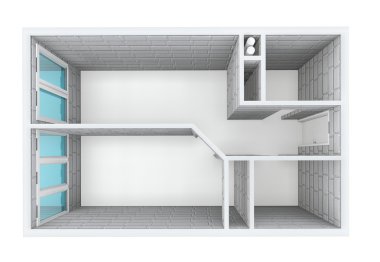 3D rendering. Model of the one-room apartment. Walls from a grey brick. The empty apartment without furniture, bathroom equipment and finishing.  clipart