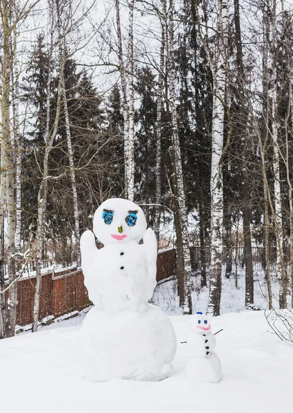 Two snowmen against trees — Stock Photo, Image