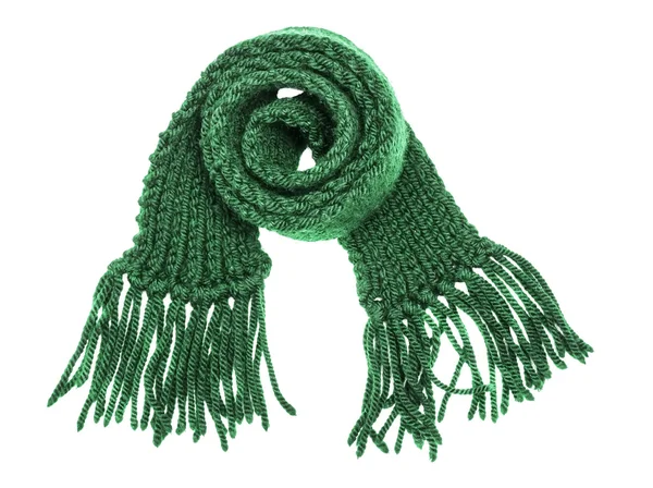 The woolen children's green scarf with a fringe isolated on the white — Stock Photo, Image