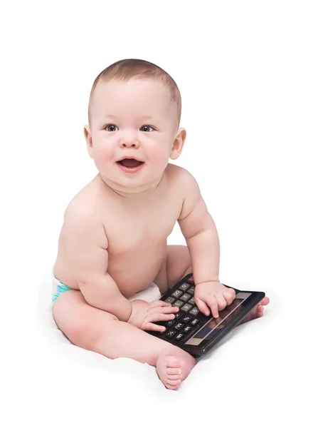 The kid with calculator on the white — Stock Photo, Image