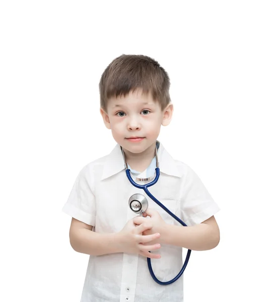 Ragazzo di quattro anni con uno stetoscopio, isolato sul bianco — Foto Stock