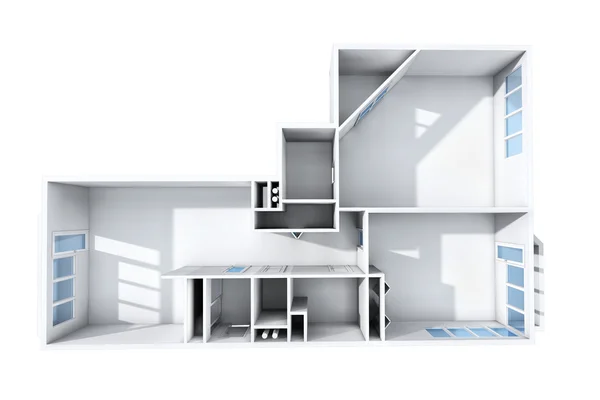 Representación 3D. Modelo del apartamento de tres habitaciones. El apartamento vacío sin muebles, equipamiento de baño y acabado . — Foto de Stock