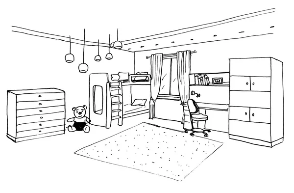 お子様の子供部屋インテリア、ライナーのグラフィカルなスケッチ — ストック写真