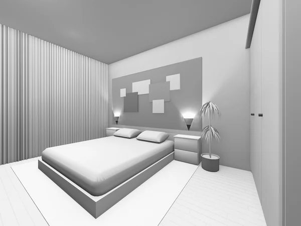 Perilisan 3D. Tempat tidur ganda di ruang interior modern — Stok Foto
