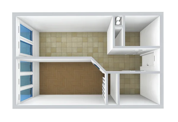 Representación 3D. Modelo del apartamento de una habitación, baldosa y parquet. El apartamento vacío sin muebles, equipamiento de baño y acabado . —  Fotos de Stock