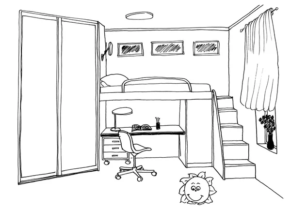 孩子，孩子房间的室内，班轮图形素描 — 图库照片