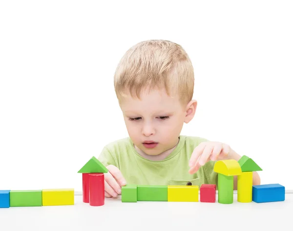 Child Playing Toys Blocks. Isolated White Background. — Stock Photo, Image