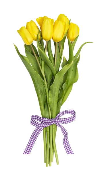 Kytice od žluté tulipány svazují Lila kostkovaná stuhou luk izolovaných na bílém pozadí — Stock fotografie