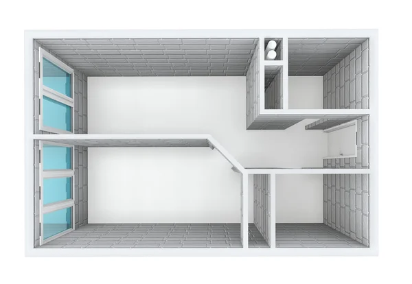 3 d レンダリング。一部屋のアパートのモデル。灰色のレンガの壁。空のアパートの家具、浴室の設備、仕上げなし. — ストック写真