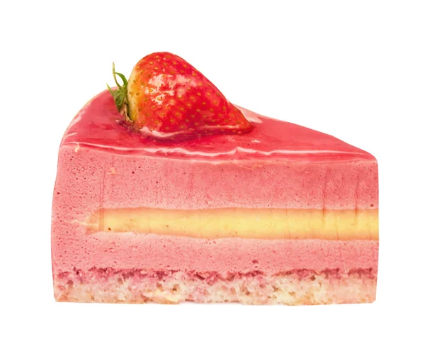 Piece of a yogurt strawberry pie. It is decorated with glaze and strawberry. Isolated on the white. — Stock Photo, Image