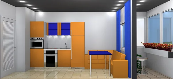 3D-rendering. blauw oranje model van het keuken-appartement met meubilair — Stockfoto