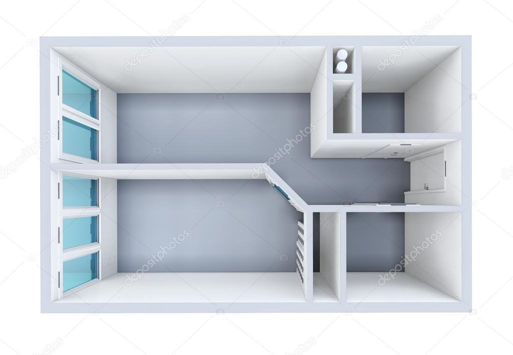 3D rendering. Model of the one-room apartment. The empty apartment without furniture, bathroom equipment and finishing.