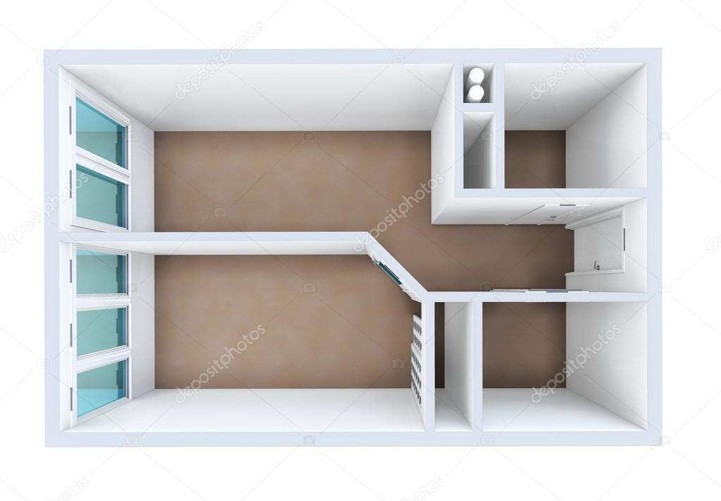 3D rendering. Model of the one-room apartment. The empty apartment without furniture, bathroom equipment and finishing.