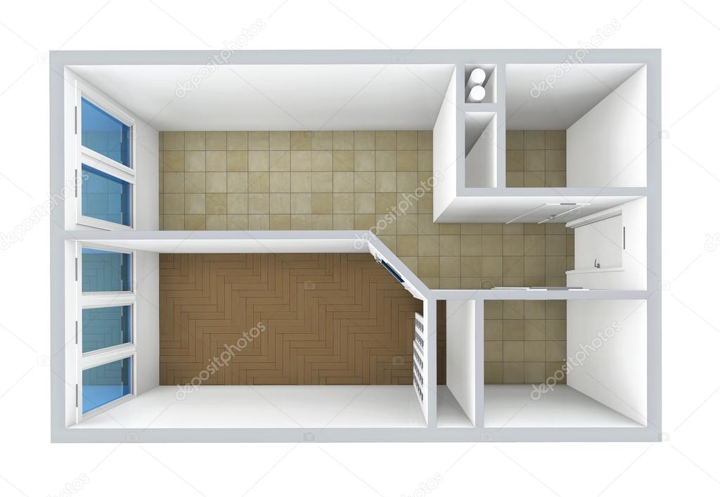 3D rendering. Model of the one-room apartment, tile and parquet. The empty apartment without furniture, bathroom equipment and finishing. 